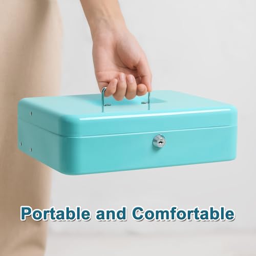 Jssmst Metal Cash Box with Money Tray and Lock, Portable Cash Drawer, 11.8" - color: Light Blue Key