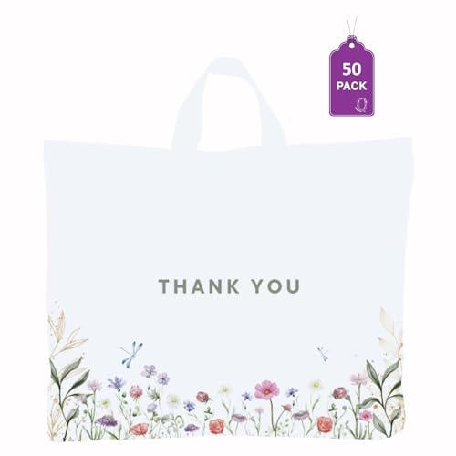 Purple Q Crafts Thank You Bags for Business and Stores 50 Pack 15" W x 12" H Floral Plastic Shopping Bags With Soft Loop Handle - size: 15" x 12"