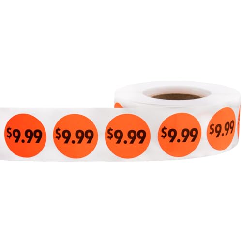 Fluorescent Red 9.99 Circle Dot Stickers, 3/4 Inch Round Price Labels, 500 Total Adhesive Stickers on a Roll for Retail Pricing, Inventory, Sales, and Promotions – Made in The USA - color: $9.99