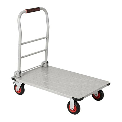 Heavy Duty 1800LBS Steel Platform Truck Cart – 36"x24" Flatbed Push Cart, 6" Swivel Wheels & Brakes, Collapsible Handle, Utility Dolly for Warehouse & Garage - color: Silver