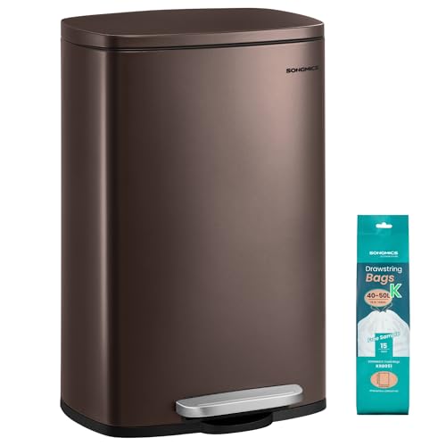 SONGMICS 13 Gallon (50 L) Trash Can, Stainless Steel, Step-On Pedal - color: Brown, size: 13 Gal.