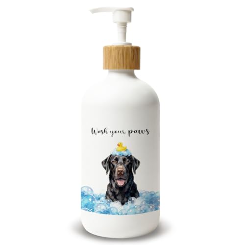 Black Labrador Retriever Bathroom Glass Soap Dispenser, Black Lab Gifts Hand Soap Dispenser, Labrador Dog Lover Gifts Refillable Bathroom Handsoap Lotion Bottle with Pump - color: Black Labrador