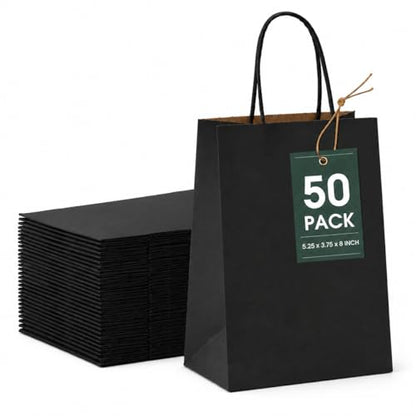 GSSUSA Small Black Kraft Paper Gift Bags with Handles, 5.25x3.75x8, 50 Pack - color: Black, size: 1 Count (Pack of 50)