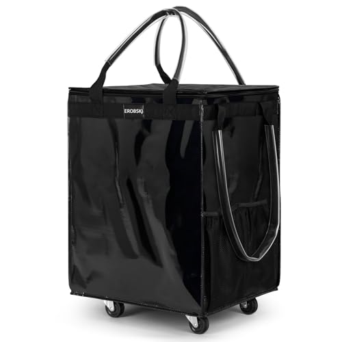 (Medium,Black) Reusable Grocery Bag on Wheels, Foldable Rolling Tote Bag - color: Black, size: Medium