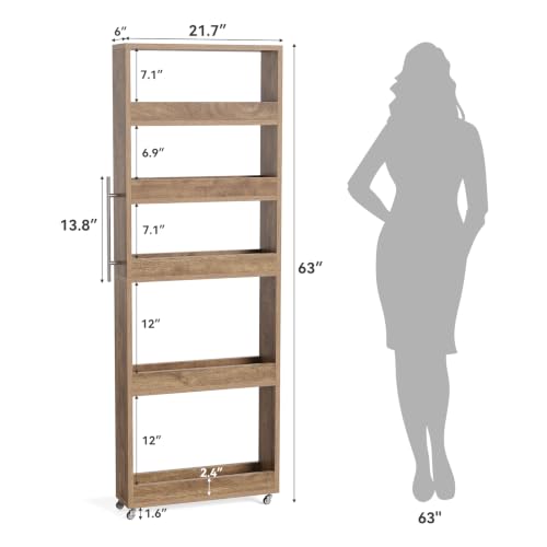 LITTLE TREE 63-Inch Slim Storage Cart on Wheels, 5-Tier Tall Narrow Mobile Shelf Organizer, Rolling Utility Cart with Metal Handle for Kitchen, Dining Room, Small Spaces, Brown - color: Brown