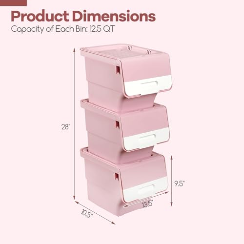 GIANTEX 3 Pack Plastic Stackable Storage Bins with Lids & Wheels, 12.5 QT - color: White + Pink, size: 3 Pack, 12.5 QT