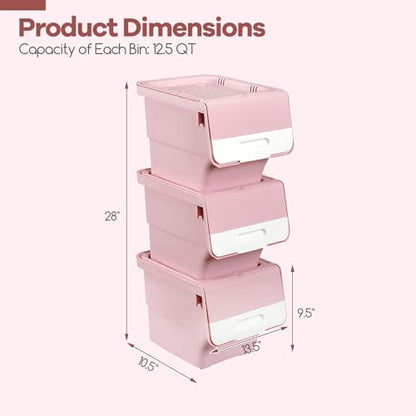 GIANTEX 3 Pack Plastic Stackable Storage Bins with Lids & Wheels, 12.5 QT - color: White + Pink, size: 3 Pack, 12.5 QT