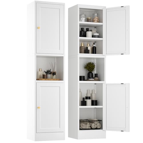 YAUWOH 2-Door Metal Storage Cabinet, Tall Slim Pantry Organizer with 3 Adjustable Shelves (120LBS/Shelf), Anti-Tipping Waterproof Cabinet for Bathroom/Kitchen/Home Office/Small Spaces, (1PC,White) - color: White, size: 67"H 2 Door 0 Drawer-Embossed Door
