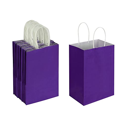 Oikss 50 Pack 5.25x3.25x8.25 Inch Small Purple Kraft Paper Bags with Handles Bulk for Birthday Wedding Party Favors Grocery Retail Shopping Business Goody Craft Gift Bags Cub Sacks, 50 Count - color: Purple