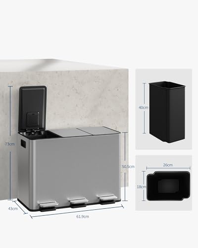 Garvee Triple Kitchen Trash Can, 3 x 4 Gal Stainless Steel Recycling Bin Combo, 3 Compartment Garbage Can with Soft-Close Step Lid, 15L Bins, Silver - color: Silver, size: 3 x 4 Gallon