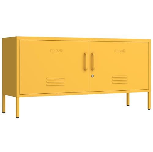 Yellow Wide 2-Door Lockable Metal TV Stand with Storage Locker, Heavy Duty Multifunctional Entertainment Center with Adjustable Shelves, Storage Cabinet for Home, Bedroom, Entryway and Hallway - color: Mustard, style: TV stand-22"H-OL