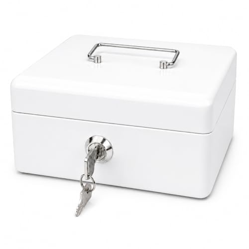Steel Cash Box with Key Lock, Metal Small Money Organizer with Money Tray,Cash Storage Box with Lockable Cover (White - 5.9" x 3.1" x 4.7") - color: White - 5.9" x 3.1" x 4.7"