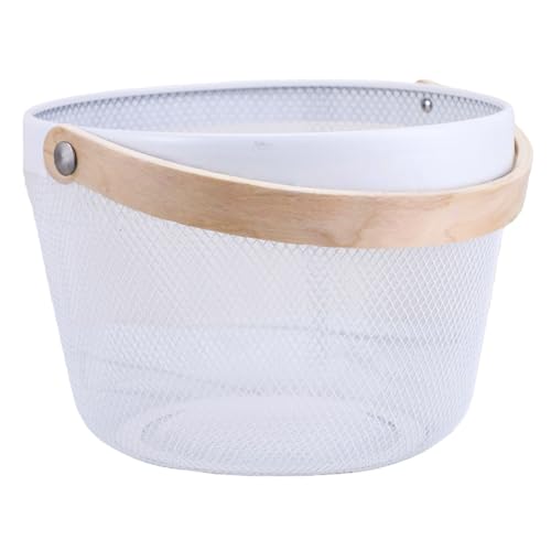 AJIODA Metal Mesh Steel Wire Basket, Round Storage Organizer Basket with Wooden Handle Multi-functional Hanging Kitchen Baskets Fruit Baskets for Kitchen Bathroom Picnic Decor Cabinet Home, White - color: White
