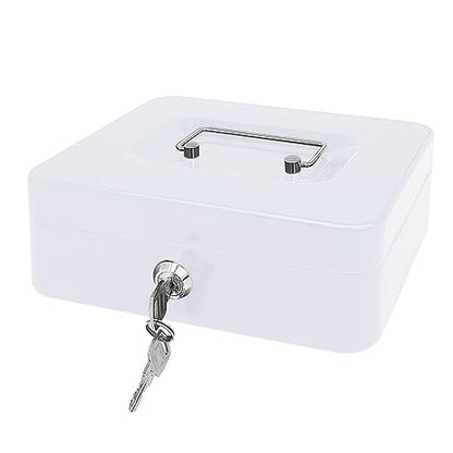 Steel Cash Box with Key Lock, Metal Small Money Organizer with Money Tray,Cash Storage Box with Lockable Cover (White - 9.8" x 7.8" x 3.3") - color: White - 9.8" x 7.8" x 3.3"