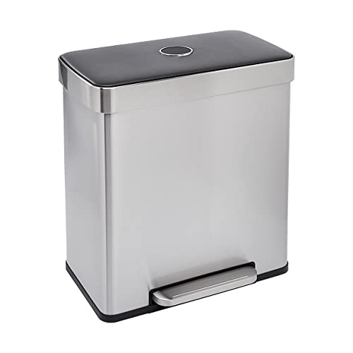Amazon Basics Dual Compartment Recycling Trash Can with Soft-Close Lid, Fingerprint Resistant, Removable Liner Buckets, 60 Liters, Rectangular, Grey, Silver