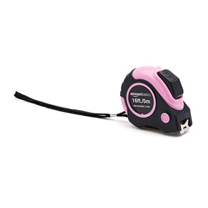 Amazon Basics Retractable Tape Measure with Metric and SAE Measurements, 16ft/5m, Belt Clip, Readable, Pink - color: Pink