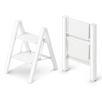 2 Step Ladder, Foldable Aluminum Step Stool with Anti-Slip Pedal - color: White, size: 2 Step