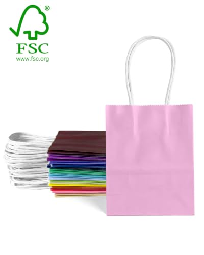 qiqee 100Pcs Paper Gift Bags with Handles - 4.5"×2.5"×6" Mini Party Favor Bags - 24 Solid Colors - size: 1 Count (Pack of 100)