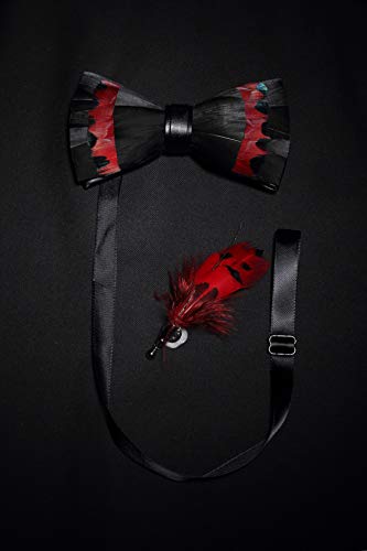 RBOCOTT Handmade Feather Pre-tied Bow tie and Brooch Sets for Men - color: Black/Red