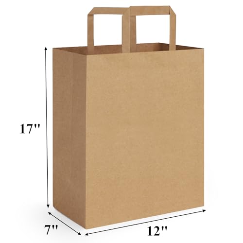 BagDream Kraft Paper Bags with Handles 12x7x17 Inch Large Brown 50 Pcs Bulk