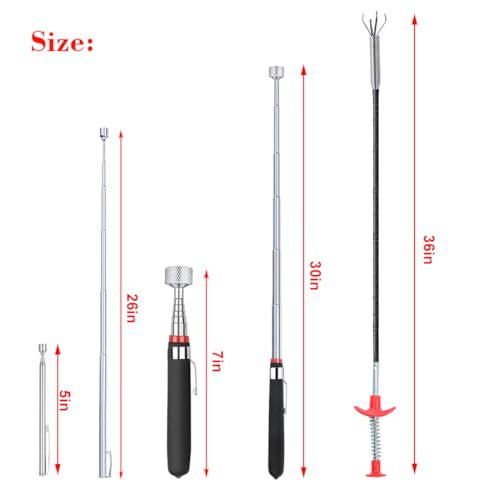4 Pack Telescoping Magnet Pick-up Tool Set - Retrieving Pickup Tools，Extendable Pick Up Tools，Bendable Spring Magnet Stick，Flexible Extra Long Reach Bendable Curve Grabber with 4 Claws