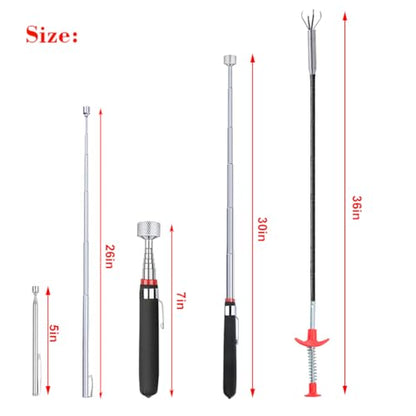 4 Pack Telescoping Magnet Pick-up Tool Set - Retrieving Pickup Tools，Extendable Pick Up Tools，Bendable Spring Magnet Stick，Flexible Extra Long Reach Bendable Curve Grabber with 4 Claws