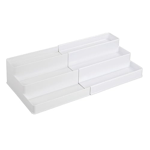 mDesign Plastic Expandable 3-Tier Shelf Rack Organizer - Storage for Bathroom Vanity, Cabinet, Cupboard, Drawer - Holds Medicine, Vitamins, Supplements, Cosmetics - Ligne Collection - White - color: White