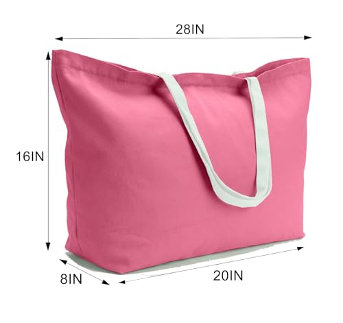 Large Canvas Tote Bag Reusable Extra Big Grocery Bags - color: Pink With Zipper