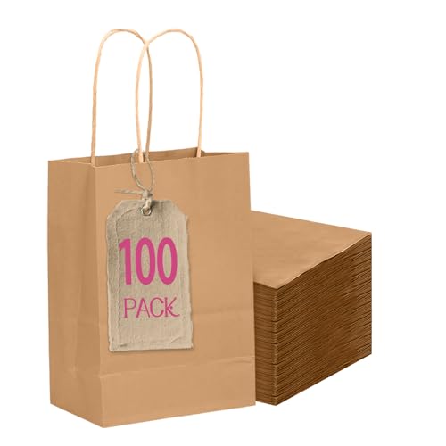 qiqee 100-Packs Mini Size Paper Gift Bags with Handles Bulk 4.5"×2.5"×6" Brown Gift Bags Multiple Uses - size: Mini - 100 Packs