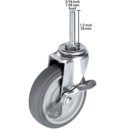 Finnhomy Caster Wheels 3 Inch Set of 4 Heavy Duty Threaded Stem Casters 5/16"-18x1-1/2 Swivel Rubber Industrial Castors Locking Wheels for Wire Shelving/Furniture/Carts Load Bearing 720 Lbs Gray - size: 5/16" -18 x 1-1/2" (with Brake)