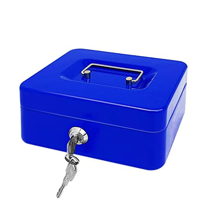 Steel Cash Box with Key Lock, Metal Small Money Organizer with Money Tray,Cash Storage Box with Lockable Cover (Blue - 8 inch) - color: Blue - 7.8" x 6.3" x 3.3"