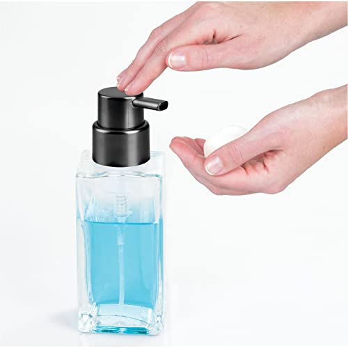 mDesign Glass Refillable Foaming Hand Soap Dispenser Modern Square Pump Bottle for Bathroom Vanities or Kitchen Sink, Countertops - 2 Pack - Clear/Black - color: Clear/Brushed Black