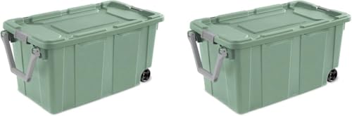 Storage Bin 40 Gallon 160 Qt Wheeled Industrial Tote Plastic Rolling Stacker Storage Box, Tough Lidded Stackable Storage Container for Home, Garage, and Camping Green Sage Base and Lid 2 PACK