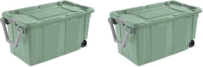 Storage Bin 40 Gallon 160 Qt Wheeled Industrial Tote Plastic Rolling Stacker Storage Box, Tough Lidded Stackable Storage Container for Home, Garage, and Camping Green Sage Base and Lid 2 PACK