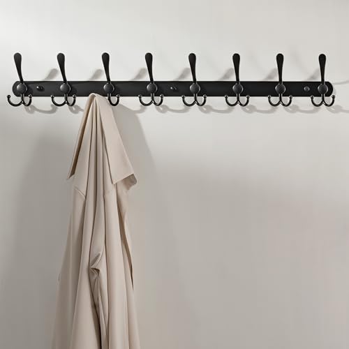 Dseap Coat Rack Wall Mount - 29.5” Long 8-Tri-Hooks Heavy Duty Coat Hanger Rail Wall Hooks for Hanging Coats Hats Clothing Clothes Purse Mudroom Entryway, Black, Pack of 2 - color: Black, size: L=29.5” (2 Pcs)
