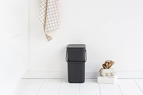 Brabantia Sort & Go Recycling Trash Can 3.2 Gallons (12L)(Gray), Space-Efficient Plastic Garbage Can with Handle, Removable and Stay-Open Lid, Easy to Clean Kitchen Bin Without Nooks and Rims