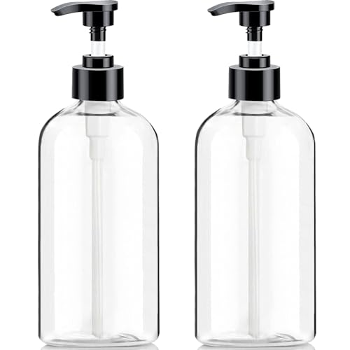 Empty Plastic Pump Bottles Dispenser（16.9 Oz, 2 Pack）, Portable Amber BPA-Free Travel Shampoo Lotion Pump Bottle Durable Refillable Containers for Massage Oil, Liquid Soap - size: 16.9 Oz, 2 Pack