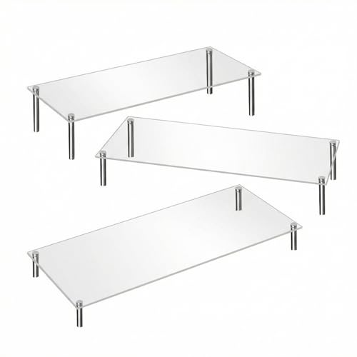 Acrylic Display Risers Set of Three Clear Rectangular Stands with Metal Support Posts for Cake Stand Styling Countertop Tiered Organizer Small Size Transparent One Piece