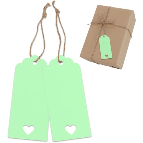 BEISHIDA 100pcs Blank Gift Tags, Hollow Heart Light Green Kraft Paper Tags with String for Easter Baby Shower Birthday DIY Craft Gift Packing Business-1.6 X 3.6in - color: Lightg