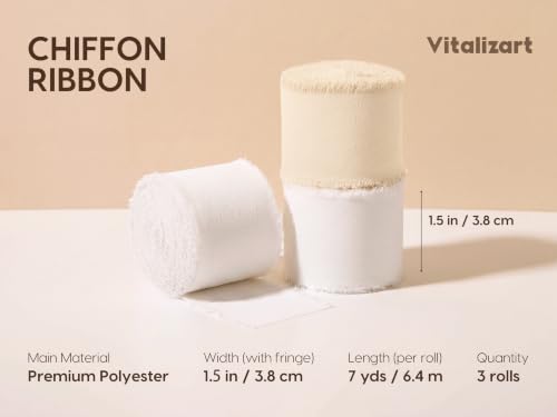 Vitalizart Handmade Chiffon Silk Ribbon 1.5" x 21 Yd Ivory White Frayed - color: Cream & Off White 3 Rolls (21Yd)