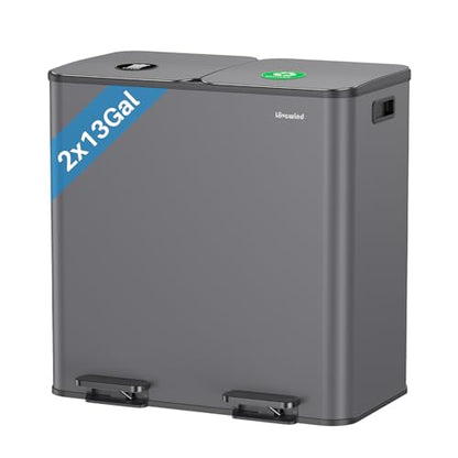 Dual Trash and Recycling Bins for Kitchen, 2×13 Gallon (2× 50L) Stainless Steel Trash and Recycle Bin Combo with Soft-Close Lid, Large Garbage Cans for Kitchen Home with 2 Magnets Sticker, Gray - color: Gray