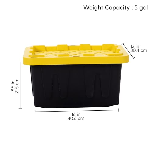 Plastic 5-Gallon Storage Tote with Lockable Lid, Stackable Tough Regular-Duty Bin for Garage, Tools, and Home Organization (2-Pack) - Black and Yellow - size: 5-Gallon (2-Pack)