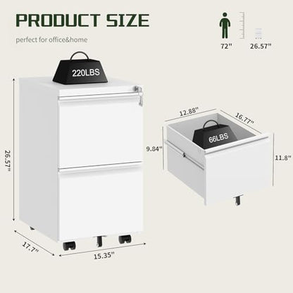 2 Drawer Rolling File Cabinet with Lock & Wheels - size: 2 Drawer