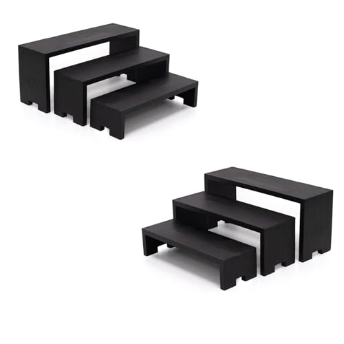 Yikaroeli 2 Set Black Display Risers Small Wooden Perfume Riser for Display Stand 6Pcs 3 Tiered Cologne Shelf Men Organizer Wood Racks Cupcake Stands