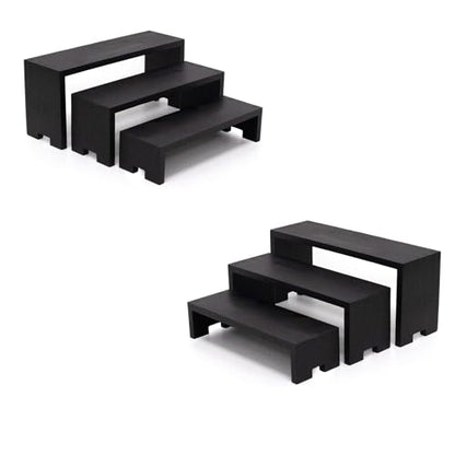 Yikaroeli 2 Set Black Display Risers Small Wooden Perfume Riser for Display Stand 6Pcs 3 Tiered Cologne Shelf Men Organizer Wood Racks Cupcake Stands