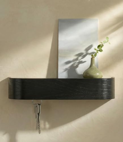 Kazai. Key Holder 'Toke' | Minimalist Key Hook Design from Berlin | Modern Key Holder Wall Mount with Wooden Shelf | Key Rack for Wall as Entryway Organizer | Oak, Black - color: Oak, black, size: 10.4" (6 Hooks)