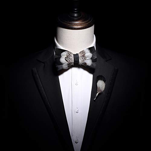 RBOCOTT Handmade Feather Pre-tied Bow tie and Brooch Sets for Men - color: White/Black1