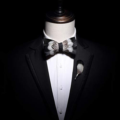RBOCOTT Handmade Feather Pre-tied Bow tie and Brooch Sets for Men - color: White/Black1