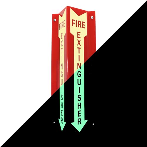 SmartSign "Fire Extinguisher" Two-Sided V-Shaped Projecting Sign with Down Arrow, 18 x 4 inch, 120 mil Thick Glow-In-The-Dark Polished Acrylic, Photoluminescent - color: #2. Glow-in-the-Dark Red Acrylic