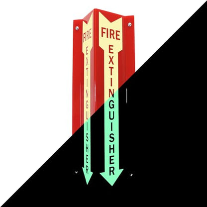 SmartSign "Fire Extinguisher" Two-Sided V-Shaped Projecting Sign with Down Arrow, 18 x 4 inch, 120 mil Thick Glow-In-The-Dark Polished Acrylic, Photoluminescent - color: #2. Glow-in-the-Dark Red Acrylic